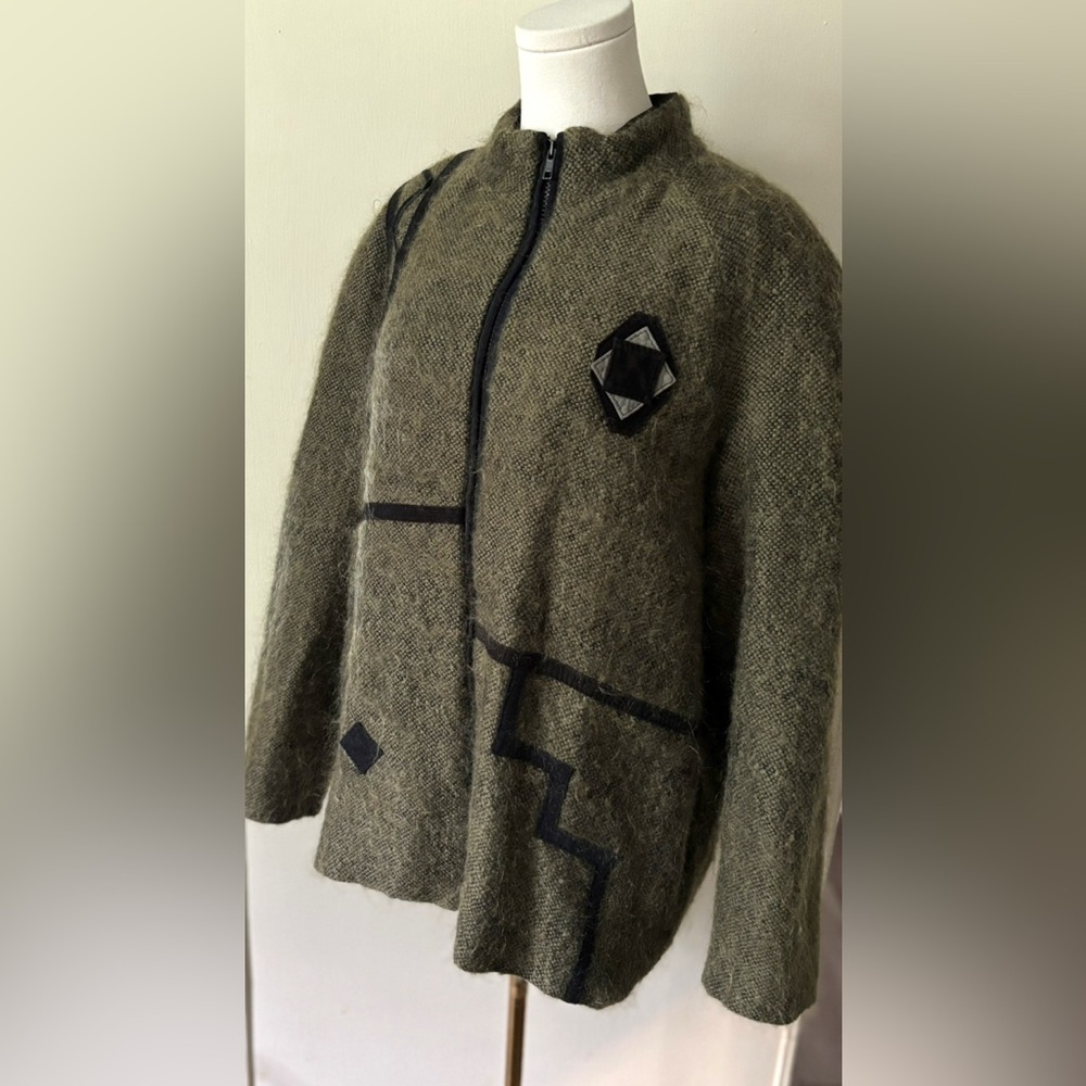 Vintage 80s Canadian Green Wool Mohair Artistic Bohemian Funky Appliqué Coat - Picture 4 of 12